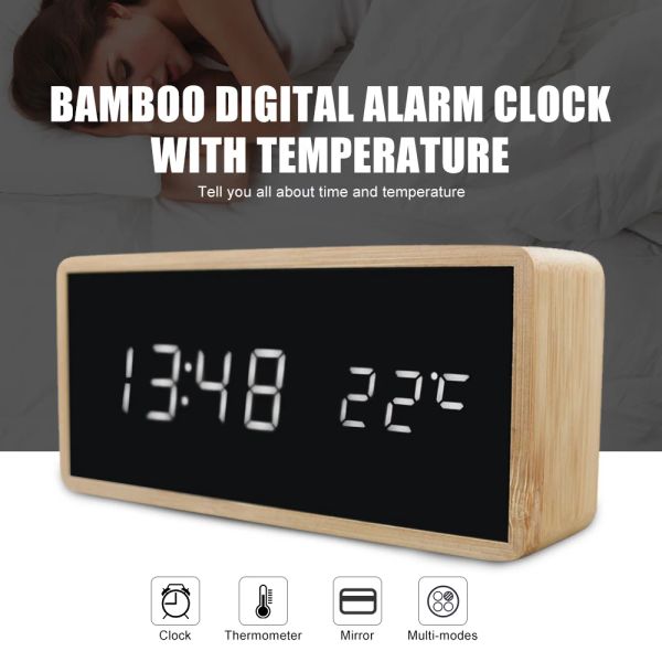 Relojes Pantalla LED de reloj de alarma de madera de bambú original con temperatura de espejo reloj digital reloj de escritorio reloj digital reloj