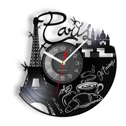 Horloges Paris tour Eiffel vinyle longue durée disque horloge murale Romance décor à la maison horloge Vintage montre murale Architecture française mur Art H1230