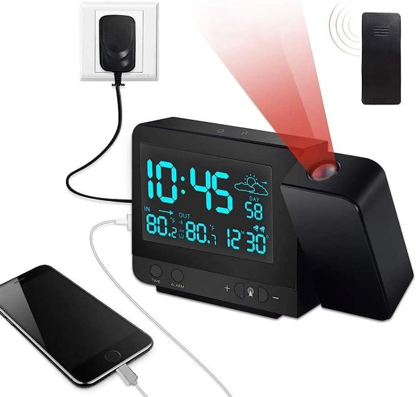 Horloges de projection de projection, projecteur d'horloge numérique avec hygromètre thermomètre intérieur / extérieur, chargeur USB et batterie AC