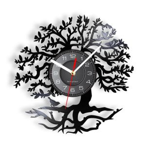 Horloges arbre de vie de vie en vinyle gravé en vinyle horloge arbre forme upspring backlight modern wall montre le salon silencieux décor suspendu