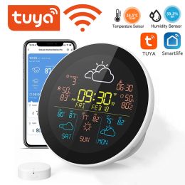 Horloges Tuya WiFi Corloge météorologique intelligente Prévision météorologique Station météorologique Thermomètre sans fil Contrôle de l'application Tuya avec alarme