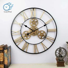 Relógios vintage relógio de parede grande rústico decorativo de luxo arte grande engrenagem artesanal 3d relógio de parede retro de grandes dimensões para decoração de casa de escritório x0726