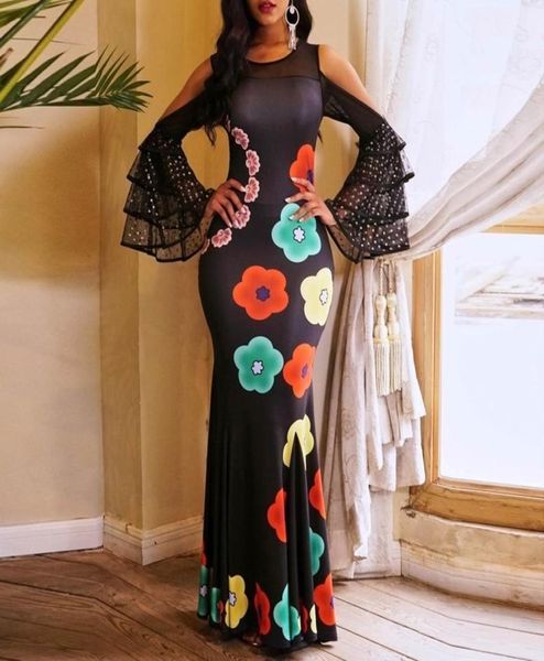 CLOCÓLOR Vestido de fiesta larga Mujeres Elegantes Floral Impreso Negro de malla Mesh Codercon Mermaid Noche manga de volante maxi y26401392