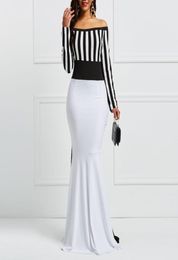 Clocolor Sheath Dress Elegant Women Off Sholuder Long Sleeve Stripes Color Block White Black Bodycon Maxi Mermaid Party Dress Y1905195759