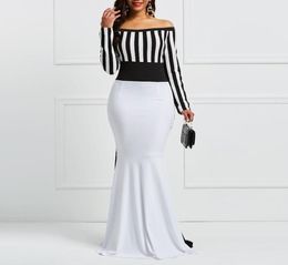 Clocolor Sheat Robe Elegant Femmes Sholuder Stripes à manches longues Blocs de couleur Blanc Bodce Bodycon maxi Robe de fête de sirène Y190508051153623