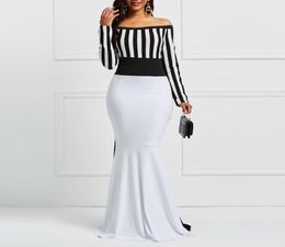 Clocolor Sheath Dress Elegant Women Sholuder Long Sleeve Stripes Color Block White Black Bodycon Maxi Mermaid Party Dress Y190508052152087
