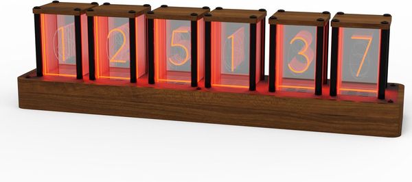 ClocTeck Nixie Tube Clock Horloge numérique en noyer, prise en charge du calibrage de l'heure Wi-Fi, alarme et affichage 12/24h, aucun assemblage requis – Un cadeau rétro pour les amis (bois de noyer)