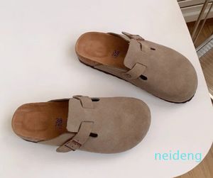 Sabots Femme Pantoufle Semelle Souple En Daim Cuir Boucle Sangle Chaussures Marron Gris Liège Woody