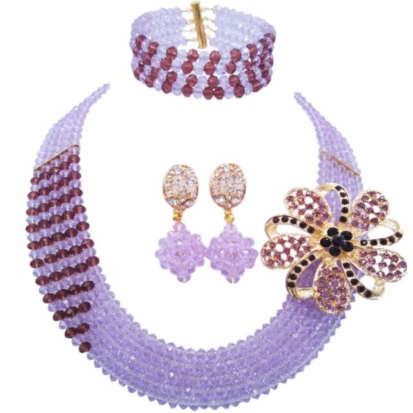 Cloisonne Mode Lilas Violet Foncé Multi Brins Déclaration Collier Perles Nigérianes Bijoux Africains Ensemble Cristal Ensembles De Mariage 5jz20