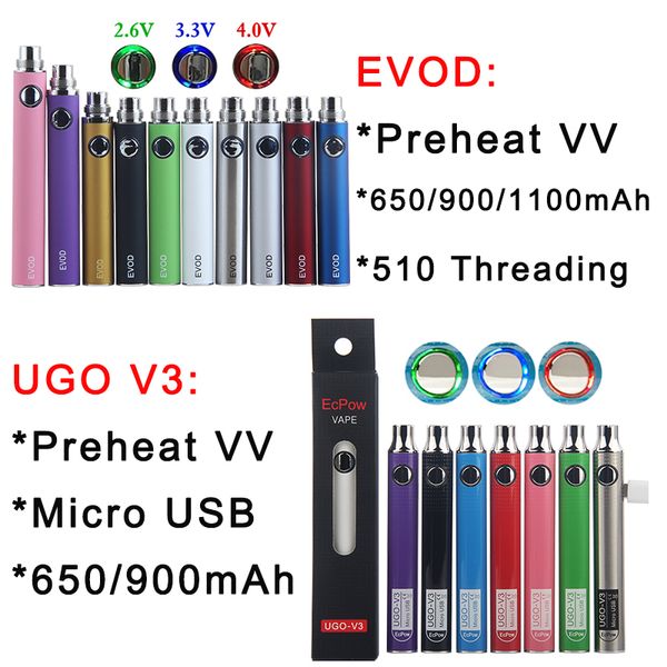 EVOD UGO V3 Préchauffer VV Vaporisateur Batterie 1100 900 650mAh Tension Variable E Cigarette 510 Fil Vape Stylo E-Cig Chargeur USB eGo-T MT3 CE4 CE5