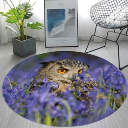 Cloocl Flannel Round Carpets Fleur et hibou 3d Print Animal Area Tapis pour le salon chambre à coucher
