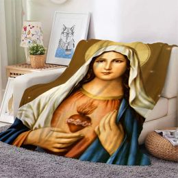 Couverture de flanelle Cloocl Harajuku Vierge Marie tenant le motif de bébé 3D Couverture d'hiver de foi chrétienne imprimée pour les lits