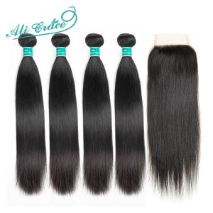 Fermeture Ali Grace cheveux raides brésiliens avec fermeture 100% Remy cheveux humains 4 paquets avec 4x4 partie centrale libre fermeture à lacets