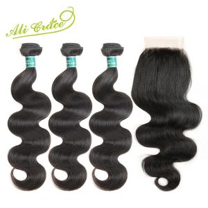 Sluiting Ali Grace Hair Maleisische Body Wave 3 bundels met sluiting 100% Remy Menselijk haar Body Wave Maleisisch haar met 4*4 vetersluiting