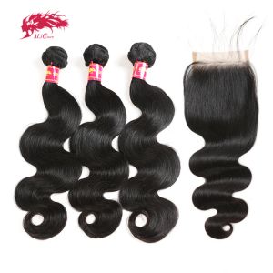 Sluiting Ali Queen Hair Braziliaanse Body Wave Ruwe Maagdelijke Haarbundels Met Sluiting 4x4 Transparant HD Vetersluiting Met Babyhaar Gratis Deel