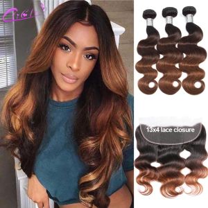 Fermeture Blonde Body Wave Bundles avec fermeture frontale T1B 4 30 Ombre Brown brut indien cheveux humains tissage faisceaux avec 13x4 dentelle avant Remy