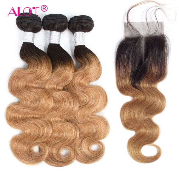 Fermeture Body Wave ombre Human Hair 3 Packles with Close 1B / 27 Brésilien Fair Weave with Lace Fermeure 2 Tone pré-coloré Non Remy