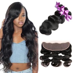 Sluiting Brazilain 13X4 oor tot oor kant frontale sluiting met bundels Brazilain Body Wave maagdelijk menselijk haar weave extensions met kanten voorkant