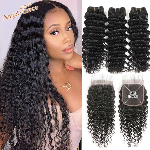 Fermeture Tissage profond brésilien 3 paquets avec fermeture en dentelle 5x5 cheveux humains Remy 828 pouces couleur naturelle ration moyenne (M) Angel Grace Hair