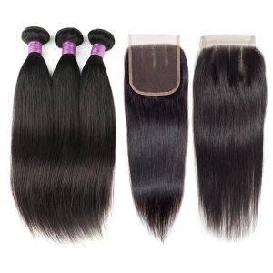 Cierre Paquetes rectos de cabello natural virgen brasileño Teje Cierre de encaje 4x4 Cabello humano recto 3 paquetes con cierre Entrega rápida