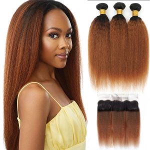 Sluiting DreamDiana 10A Maleisische kinky rechte bundels met frontale sluiting Remy Ombre Yaki-haarbundels met 13X4 kant frontale sluiting