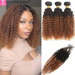 Fermeture DreamDiana 9A paquets malaisiens crépus bouclés avec fermeture Remy Ombre Afro cheveux bouclés avec fermeture 100% cheveux humains avec fermeture