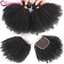 Fermeture Gabrielle Afro crépus bouclés paquets avec fermeture cheveux humains brésiliens 4x4 fermeture à lacets avec paquets naturel noir Remy cheveux