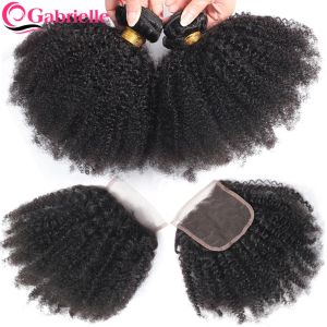 Sluiting Gabrielle Afro Kinky Krullend Bundels met Sluiting Braziliaans Echt Haar 4x4 Vetersluiting met Bundels Natuurlijk Zwart Remy Haar