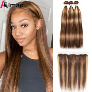 Mèches indiennes naturelles Remy lisses avec Lace Frontal HD P4/27, couleur Piano, extension de cheveux bruts, à reflets, 13x4, 220 g/ensemble