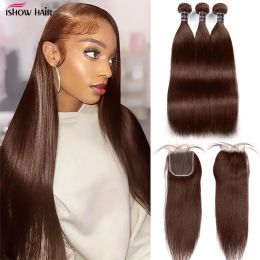 Close Ishow 4 # Colored Straight Packs with Closure Brown Ombre Bundles with Close Remy Remy Human Hair Packles avec 4x4 Fermeure en dentelle