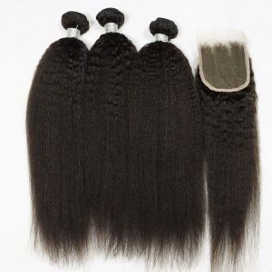 Cierre IXTUYLL Kinky Straight Yaki Virgin Human Hair Trama Paquetes de cabello humano brasileño negro natural con cierres frontales de encaje