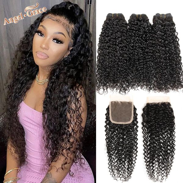 Fermeure Coiffure bouclée coiffée Coiffes humaines avec fermeture Poules de cheveux humains péruviens avec fermeture Remy Hair 3 Bundles with Closure Angel Grace