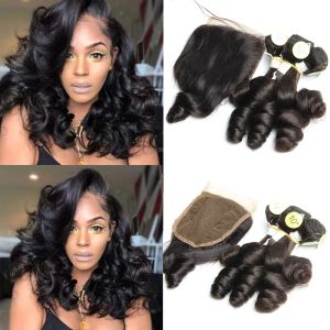 Fermeure Bundles à vagues en vrac avec fermeture 4x4 Brésilien Human Fair Weave 5pcs Bouncy Curly Bundles avec fermeture HD transparente préparée