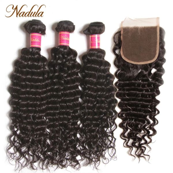 Clôture Nadula Hair Pouleaux Peruvian Deep Wave With Close 4 * 4 Free Part Fermeure avec des cheveux humains péruviens tissés 3 faisceaux avec fermeture