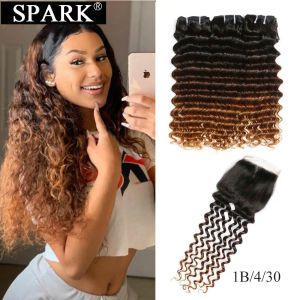 Fermeture SPARK Ombre cheveux humains brésiliens armure faisceaux de vague profonde avec fermeture partie centrale Remy cheveux humains avec fermeture pour les femmes noires