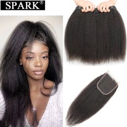 Sluiting Spark Yaki Straight 100% echt haarbundels met sluiting Natuurlijk zwart Kinky Straight Sluiting met bundels voor zwarte vrouwen Remy