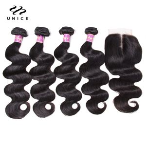 Sluiting UNice-haar Maagdelijk haar 4 bundels met sluiting Peruaanse bodywave met sluiting Echt haar Vetersluiting met bundels