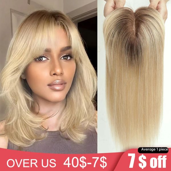 Ferme les toppers à cheveux humains avec des franges Ombre Platine Blonde Remy Hair Topper Silk Base Clip dans Toupee Hair Pieds For Women Hair Perte