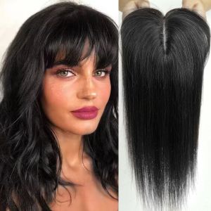 Fermetures Toppers de cheveux noirs naturels avec une frange 100% réel réel des cheveux humains Topper de base de base de la soie en morceaux de cheveux pour femmes noires cheveux minces
