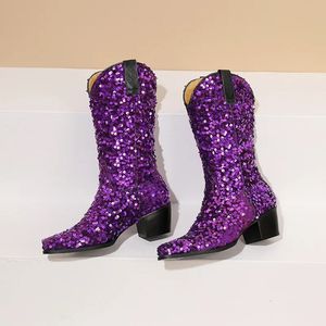 Paillettes en tissu 571 Chmury Bling rose or Gold Women Shoes Chaussures de fête hivernale Dance Slip-on Western Boots Talons grossiers Purple Bleu 231219