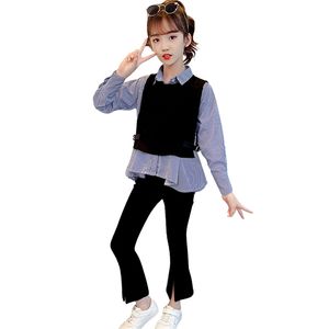 Kleding voor meisjes gestreepte blouse + vest broek pak lente herfst outfit casual stijl school trainingspak kinderen 210527