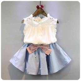 Vêtements enfants 2-8 ans pour filles la jupe nœud et haut en dentelle costume d'été Style coréen ensembles de vêtements pour enfants ensemble bébé enfant en bas âge