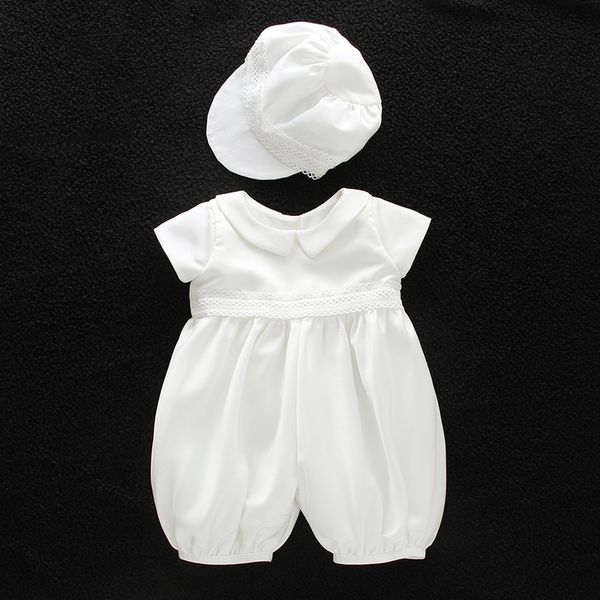 Vêtements Blanc Baptême Bébé Barboteuse Ensemble avec chapeau Col rabattu Nouveau-né Premier Noël Garçon Anniversaire Vêtements 3-24M 210309