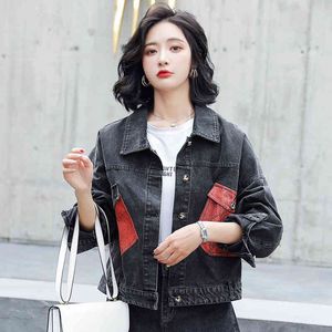 Vêtements femmes recadrée veste Denim couture serpent motif poches hauts automne Style coréen ample surdimensionné 95H 210420