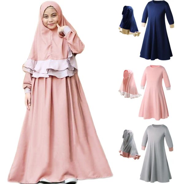 Vêtements 2 PCS Kids musulmans filles Kaftan Abaya Robe islamique Hijab Scarf Long Manche Maxi Robe prière Burka Burka Set Vêtements Ramadan