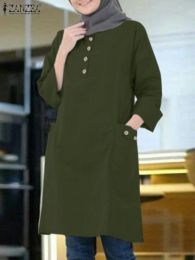 Vêtements 2023 Zanzea femmes automne o cou manche long-manches musulmanes mode vintage longue chemise solide tops femelle abaya blusas mujer