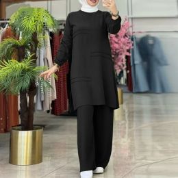 Kleding 2024 Twee -stuk moslims sets Elegant temperament Abaya Vrouwen Solide kleur lange mouwen met lange mouwen shirt breedbeen broek set islamitische kleding