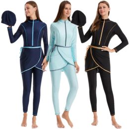 Kleding 3 -delige zwemmen sets mode front zipper strand sportkleding moslim dames volledige hoes zwemkleding islamitische bescheiden zwempak burkini