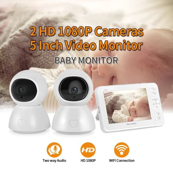 Vêtements de 5 pouces pour bébé Monitor Vision nocturne 1 écran 2/3 Caméra de surveillance 1080p Caméra de baby-sitter de caméra de sécurité avec 2 caméra