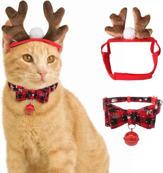 Ropa ATUBAN Disfraz de Reno de Gato Collar de Asta de Ciervo de Navidad para Perros pequeños Gatos Collar de Gato de Navidad Conjunto de Reno Ropa para Gatos